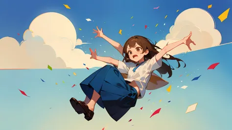 ((highest quality)), ((masterpiece)), ((very detailed)),floatingする女の子,angry expression，floating，floating，confetti，brown hair,tea...