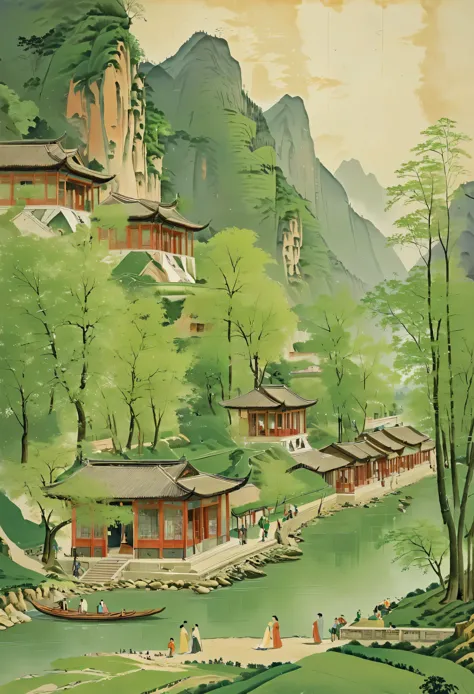 the large green and green painting depicts a spring landscape along the river,towering mountain々and green trees々. trees at the f...