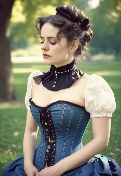 close-up, helpless shy ordinary woman, victorian hairstyle, saggy breasts, flared (victorian tight corset and jeans with flounce...