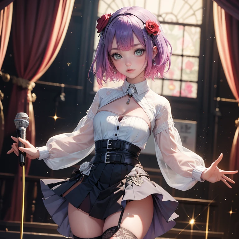 1girl, short hair, short flowing hair, floating hair, ornament hair, perfectly body, perfectly hands, rose on hair, purple rose on hair, 1 girl, Looking at the audience, flowing hair, Beautiful Eyes, Plump and glossy lips, Idol, dress with too many frills, black dress, white laces, black Short skirt, , small skirt, skirt with layers, Drape clothes, purple gem, Lace trim, bright stage, luxury gold details, gold jewelry, more details, best quality, Big sparkling eyes, blushing, Striped Lace Stockings, black Lolita skirt, sparkle, solo, centered girl, cowboy shot, perfectly body, perfectly hands, two arms, two legs, two hands, five fingers, perfect anatomy, glowing hair, purple roses, on the stage, sparkles, more details on her clothes, dress with transparency, golden details on her dress, night, holding a microphone, ((4k, masterpiece, top-quality)), 8k, best quality, high resolution, UHD, (illustration:0.8), super cute girl, delicate and beautiful face, mature girl, super cute hairstyle, (beautiful detailed eyes:1.6), extremely detailed face, perfect lighting, extremely detailed CG, (perfect hands, perfect anatomy), Best quality, cleavage