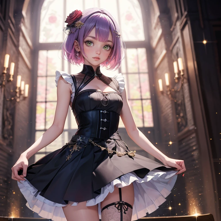 1girl, short hair, short flowing hair, floating hair, ornament hair, perfectly body, perfectly hands, rose on hair, purple rose on hair, 1 girl, Looking at the audience, flowing hair, Beautiful Eyes, Plump and glossy lips, Idol, dress with too many frills, black dress, white laces, black Short skirt, , small skirt, skirt with layers, Drape clothes, purple gem, Lace trim, bright stage, luxury gold details, gold jewelry, more details, best quality, Big sparkling eyes, blushing, Striped Lace Stockings, black Lolita skirt, sparkle, solo, centered girl, cowboy shot, perfectly body, perfectly hands, two arms, two legs, two hands, five fingers, perfect anatomy, glowing hair, purple roses, on the stage, sparkles, more details on her clothes, dress with transparency, golden details on her dress, night, holding a microphone, ((4k, masterpiece, top-quality)), 8k, best quality, high resolution, UHD, (illustration:0.8), super cute girl, delicate and beautiful face, mature girl, super cute hairstyle, (beautiful detailed eyes:1.6), extremely detailed face, perfect lighting, extremely detailed CG, (perfect hands, perfect anatomy), Best quality, cleavage