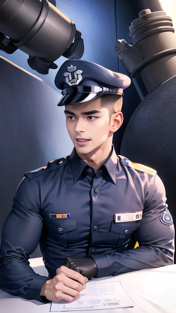 handsome man  sit on the table ,(crew cut short hair:1.2),black eye,smile,open mouth
(navy police uniform:1.2),(shirt short sleeves:1.2),collar,(shirt covered over:1.2),(name tag and Police badge:1.2),(shirt no buttons:1.1),(black_gloves:1.3),
(Navy blue cargo:1.2),Korean guy,korean men,(High gloss details),(chest muscles:1.2),(large arm muscles:1.2),blood vessel,Big muscles,Broad shoulders,looking at the audience,Balancing the eyes,middle of the road,(stage:1.4),