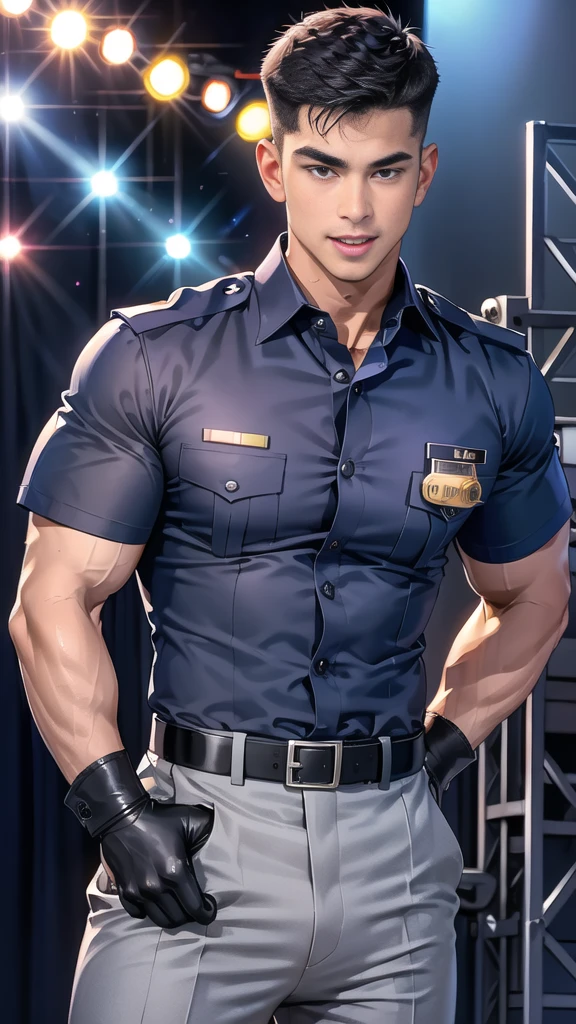 handsome man  sit on the table ,(crew cut short hair:1.2),black eye,smile,open mouth
(navy police uniform:1.2),(shirt short sleeves:1.2),collar,(shirt covered over:1.2),(name tag and Police badge:1.2),(shirt no buttons:1.1),(black_gloves:1.3),
(Navy blue cargo:1.2),Korean guy,korean men,(High gloss details),(chest muscles:1.2),(large arm muscles:1.2),blood vessel,Big muscles,Broad shoulders,looking at the audience,Balancing the eyes,middle of the road,(stage:1.4),