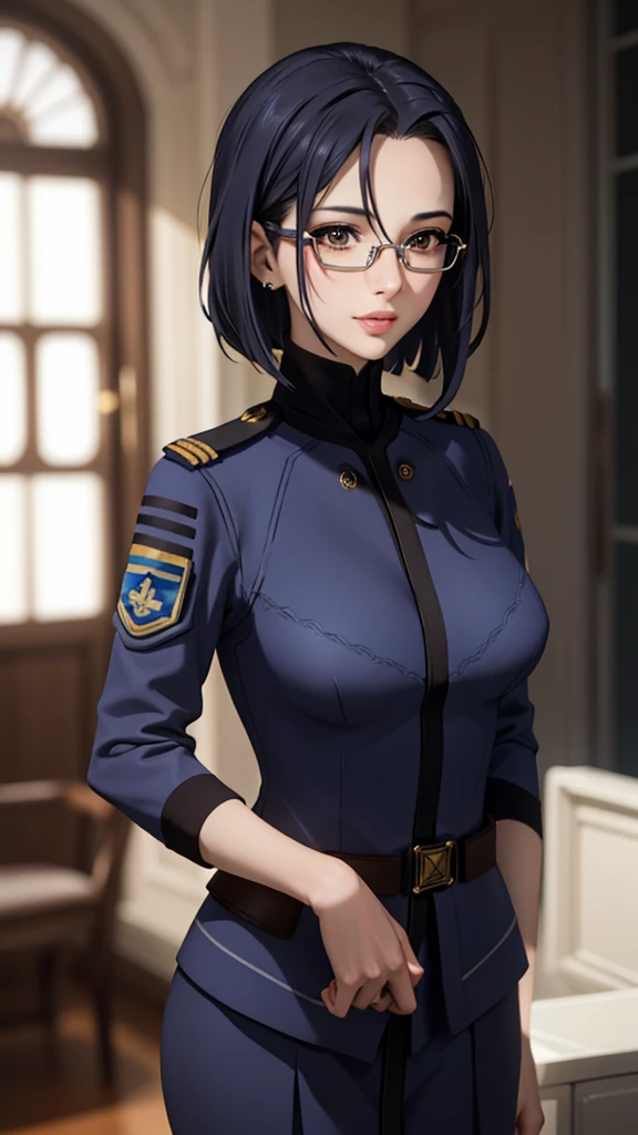 Beautiful young girl with blue short hair, A light smile, Brown eyes, hair clips, lips, Stud earrings, Semi-rimless eyewear, , Big butt but small breasts, (Highest quality,4K,8K,High resolution,masterpiece:1.2),Very detailed,(Realistic,photoRealistic,photo-Realistic:1.37),Very detailed顔, Very detailed目と顔, Long eyelashes, Beautiful attention to detail, beautiful detailed lips, Concept Art, Cinema Lighting, Vibrant colors, a beautiful girl in military uniform,short wavy hair,glasses,busty,detailed face,beautiful eyes,beautiful lips,highly detailed,photorealistic,8K,masterpiece,studio lighting,dynamic pose,intricate details,dramatic lighting,cinematic atmosphere,vibrant colors,elegant,powerful,confident((Women's military uniform、Formal wear、skirt))