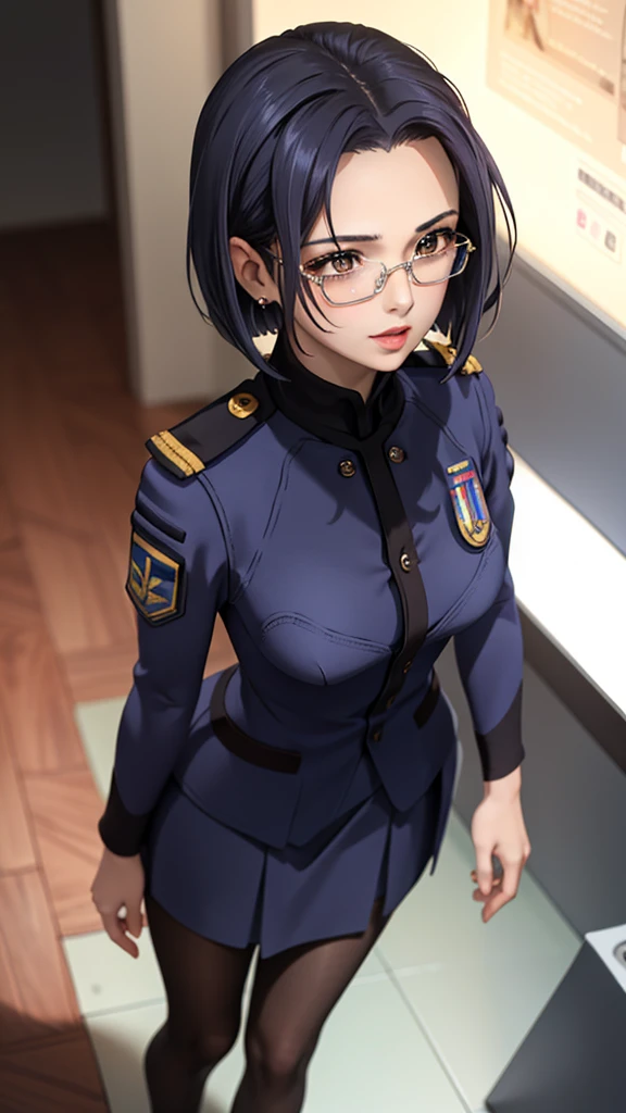 Beautiful young girl with blue short hair, A light smile, Brown eyes, hair clips, lips, Stud earrings, Semi-rimless eyewear, , Big butt but small breasts, (Highest quality,4K,8K,High resolution,masterpiece:1.2),Very detailed,(Realistic,photoRealistic,photo-Realistic:1.37),Very detailed顔, Very detailed目と顔, Long eyelashes, Beautiful attention to detail, beautiful detailed lips, Concept Art, Cinema Lighting, Vibrant colors, a beautiful girl in military uniform,short wavy hair,glasses,busty,detailed face,beautiful eyes,beautiful lips,highly detailed,photorealistic,8K,masterpiece,studio lighting,dynamic pose,intricate details,dramatic lighting,cinematic atmosphere,vibrant colors,elegant,powerful,confident((Women's military uniform、Formal wear、skirt))