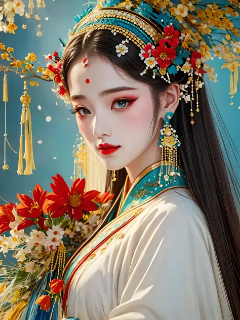 (masterpiece, best quality:1.2),1 girl,beautiful，portrait，look at camera，landscape on hair，a bouquet of flowers，landscape，hanfu，...