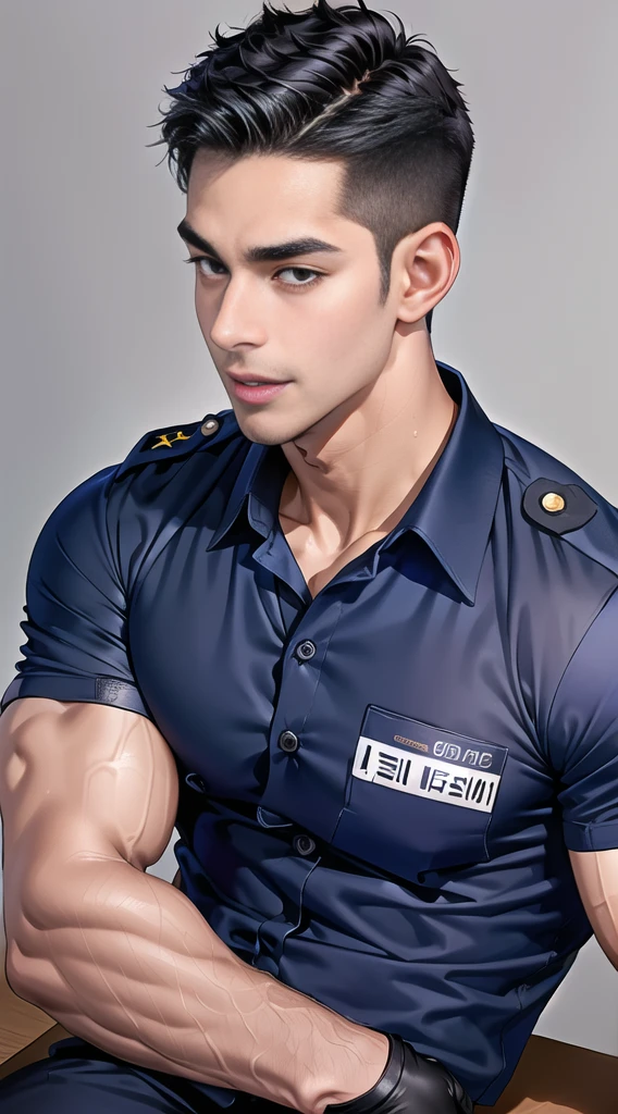 handsome man sit on the table ,(crew cut short hair:1.2),black eye,smile,open mouth (navy police uniform:1.2),(shirt short sleeves:1.2),collar,(shirt covered over:1.2),(name tag and Police badge:1.3),(shirt no buttons:1.1),(black_gloves:1.3), (Navy blue cargo:1.2),Korean guy,korean men,(High gloss details),(chest muscles:1.2),(large arm muscles:1.2),blood vessel,Big muscles,Broad shoulders,looking at the audience,Balancing the eyes,middle of the road,(stage:1.2),