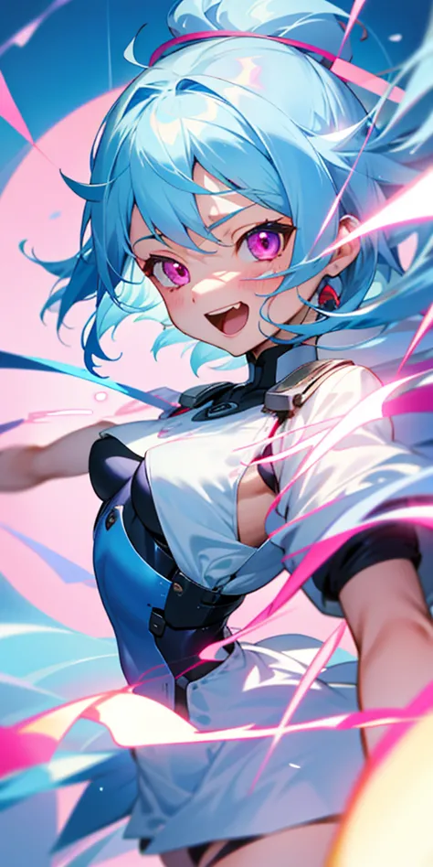 16-year-old girl、light blue hair、pink eyes、small breasts、a look of intense joy on one&#39;s face、a lot of acorns、white blouse sh...