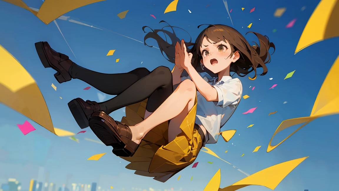 ((Highest quality)), ((masterpiece)), ((Very detailed)),Floatingする女の子,Angry expression，floating，Floating，Confetti，Brown Hair,tears,Levitating,Blue sky background,Feet in the air,tears,gravity,Long skirt,loafers,Raise both hands