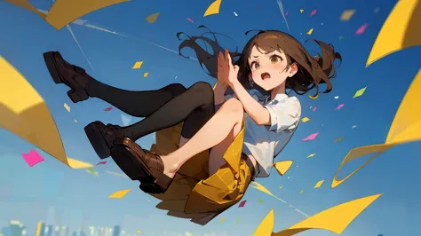 ((highest quality)), ((masterpiece)), ((very detailed)),floatingする女の子,angry expression，floating，floating，confetti，brown hair,tea...