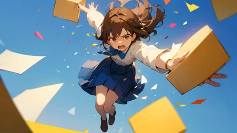 ((highest quality)), ((masterpiece)), ((very detailed)),floatingする女の子,angry expression，floating，floating，confetti，brown hair,tea...