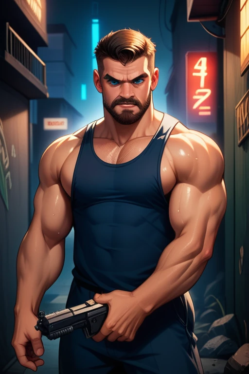 45 year old man(cobalt blue eyes; middle-aged; salt-and-pepper crew cut; epic square jawline; rough; rugged; muscular and imposing; incredible beard; masculine; round-faced, Kurt Russell), Disney-style cgi, futuristic; dystopian; best quality; high detail; trending on artstation; complex volumetric lighting; grungy white tank top; 80s action hero; sweaty; grimy; upper body shot; cop who plays by his own rules; firing a gun in a neon-lit alley; gruff; angry