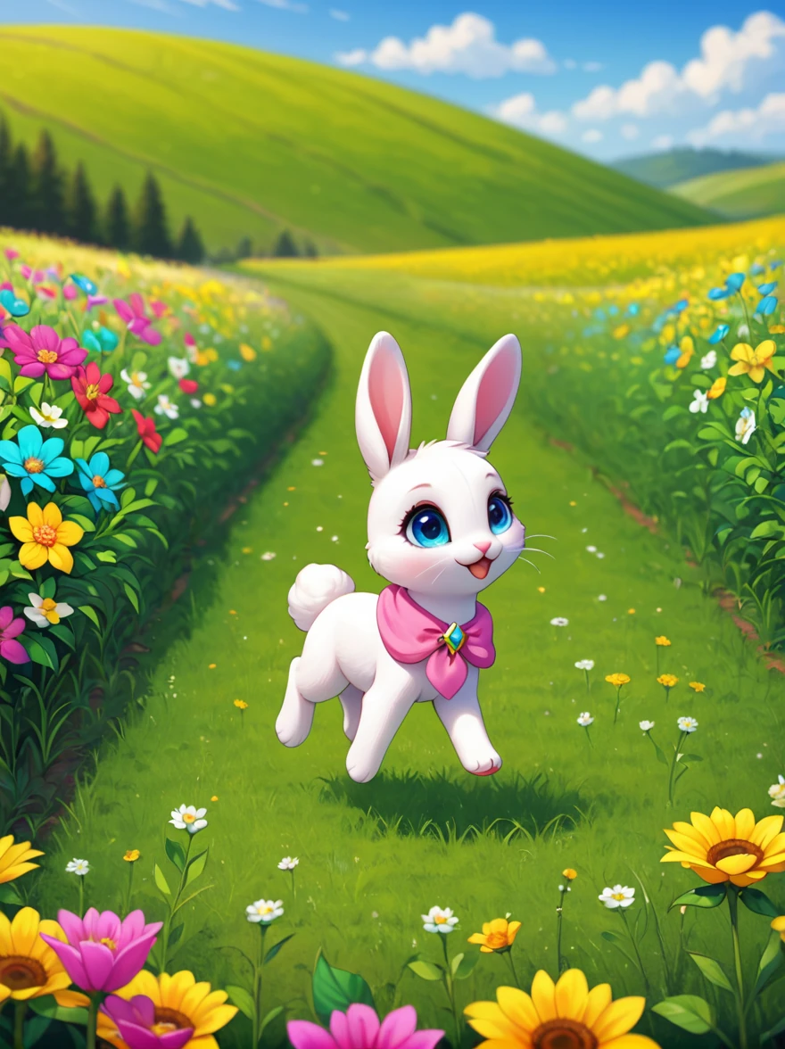 A cute little bunny with white whiskers and bright eyes,Little bunny jumping in a green field with colorful flowers in the background