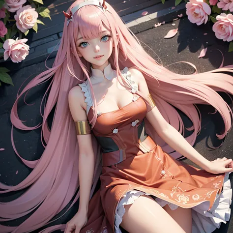 zero two, long hair, pink hair, red horns, long flowing hair, floating hair, ornament hair, perfectly body, perfectly hands, dar...