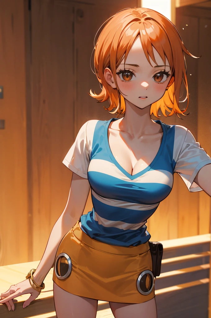 masterpiece, best quality, highres, nami (one piece), short hair, orange hair, brown eyes, cleavage, striped shirt, white shirt, short sleeves, bracelet, miniskirt, yellow skirt, sunset, standing