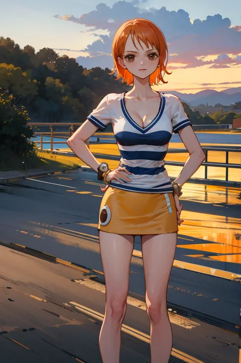 masterpiece, best quality, highres, nami (one piece), short hair, orange hair, brown eyes, cleavage, striped shirt, white shirt,...