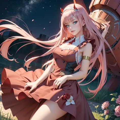 zero two, long hair, pink hair, two red horns, long flowing hair, floating hair, ornament hair, perfectly body, perfectly hands,...