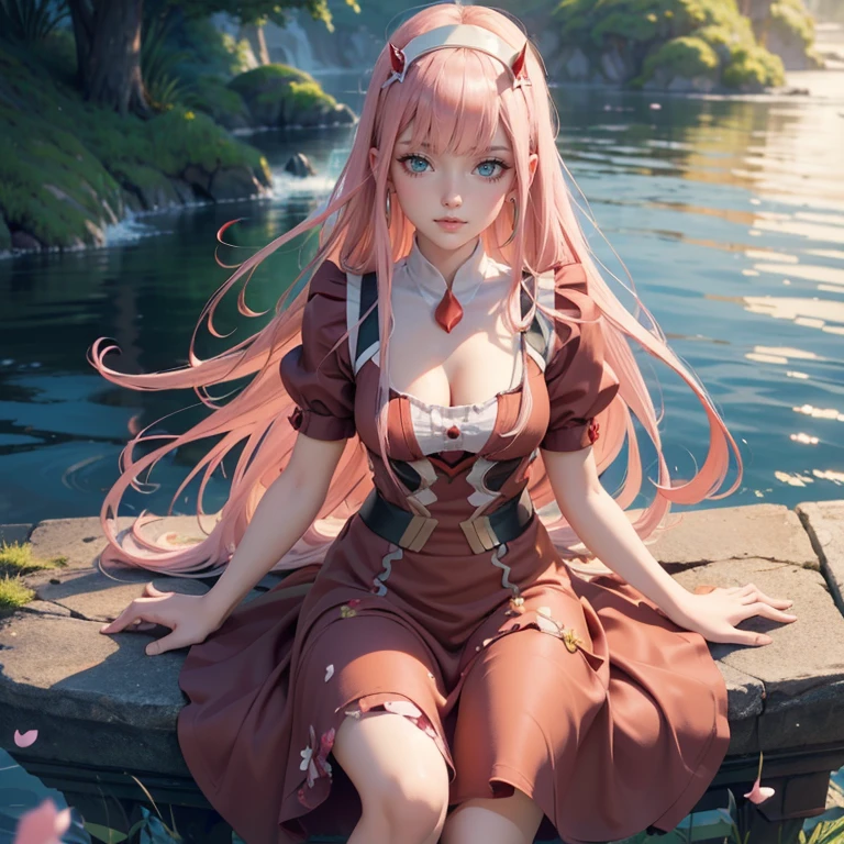 Zero Two, long hair, pink hair, two red horns, long flowing hair, floating hair, ornament hair, perfectly body, perfectly hands, dark pink roses, maid, maid style, maid headdress, maid apron, white apron, on garden, a lake with carpas on background, petals in the air, seat on the grass, centered girl, maid dress, red skirt, skirt whit layers, red shirt, more details on her clothes, dress with transparency, golden details, daylight, smiling, ((4k, masterpiece, top-quality)),8k, best quality, high resolution, UHD, (illustration:0.8), super cute girl, delicate and beautiful face, 1girl, solo, mature girl, super cute hairstyle, (beautiful detailed eyes:1.6), extremely detailed face, perfect lighting, extremely detailed CG, (perfect hands, perfect anatomy), Best quality, cleavage, small skirt, full Body, two arms, two legs, two hands, five fingers