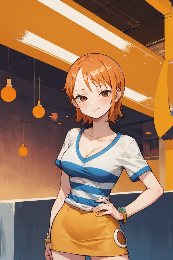 masterpiece, best quality, highres, nami (one piece), short hair, orange hair, brown eyes, cleavage, striped shirt, white shirt, short sleeves, bracelet, miniskirt, yellow skirt, sunset, standing