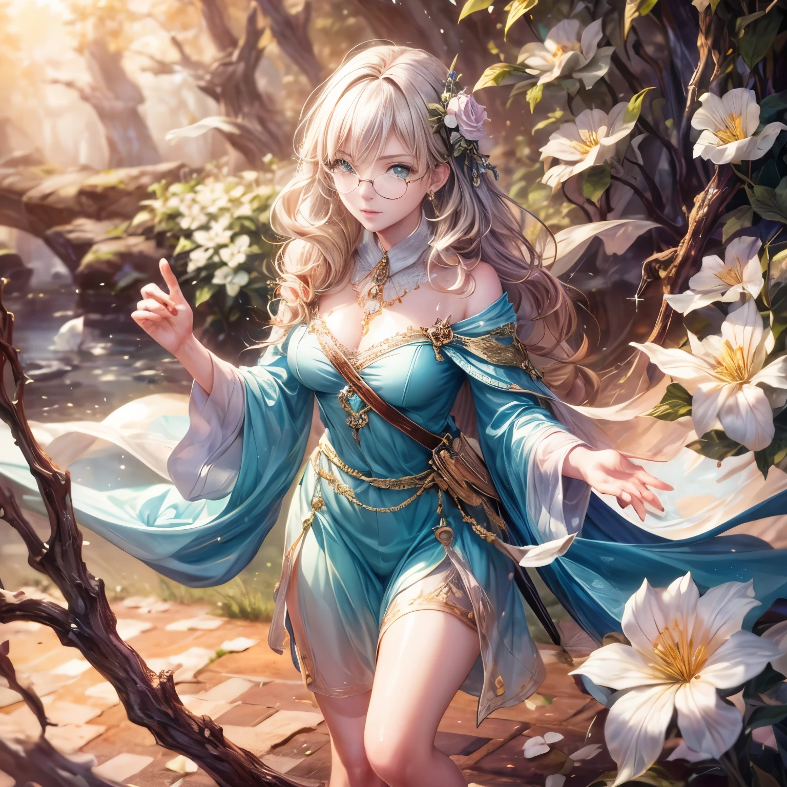 (Highest quality:1.4),(masterpiece:1.4),Very detailed,8K,CG,Exquisite,Upper Body,,Thumb Girl,Green Eyes, Little Princess,loose coat dress,Garden Background,Detailed facial features,Long Curly Hair,Almond Eyes,Subtle eye makeup,Long, fluttering eyelashes,Shining starry eyes,And starry eyes, Intricate lip detail,Soft and harmonious style., Glasses