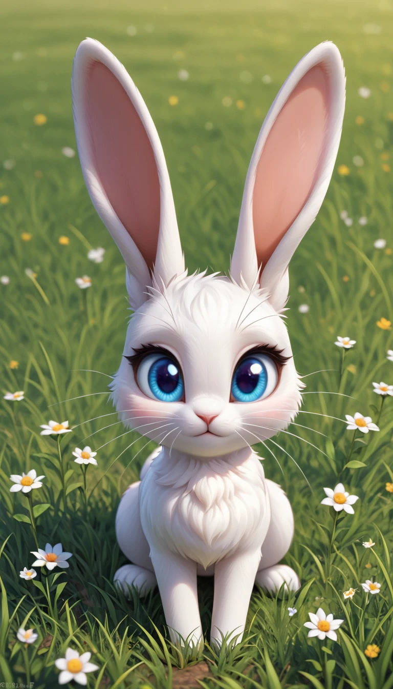 A cute little bunny with white whiskers and bright eyes,Little bunny with big ears and bright eyes listening attentively in the grass