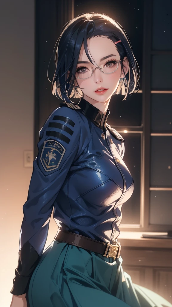 Beautiful young girl with blue short hair, A light smile, Brown eyes, hair clips, lips, Stud earrings, Semi-rimless eyewear, , Big butt but small breasts, (Highest quality,4K,8K,High resolution,masterpiece:1.2),Very detailed,(Realistic,photoRealistic,photo-Realistic:1.37),Very detailed顔, Very detailed目と顔, Long eyelashes, Beautiful attention to detail, beautiful detailed lips, Concept Art, Cinema Lighting, Vibrant colors, a beautiful girl in military uniform,short wavy hair,glasses,busty,detailed face,beautiful eyes,beautiful lips,highly detailed,photorealistic,8K,masterpiece,studio lighting,dynamic pose,intricate details,dramatic lighting,cinematic atmosphere,vibrant colors,elegant,powerful,confident((Women's military uniform、Formal wear、skirt))