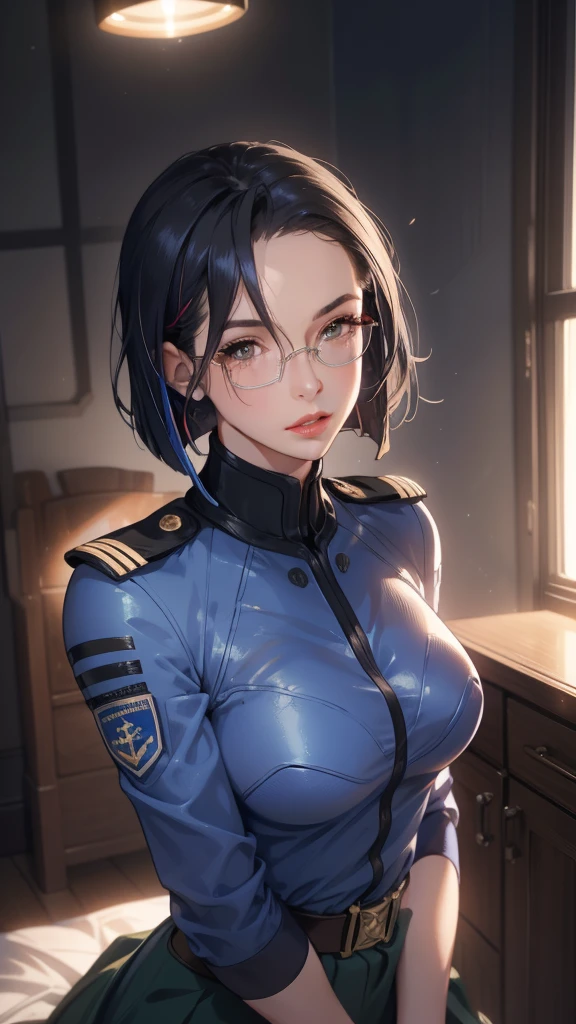 Beautiful young girl with blue short hair, A light smile, Brown eyes, hair clips, lips, Stud earrings, Semi-rimless eyewear, , Big butt but small breasts, (Highest quality,4K,8K,High resolution,masterpiece:1.2),Very detailed,(Realistic,photoRealistic,photo-Realistic:1.37),Very detailed顔, Very detailed目と顔, Long eyelashes, Beautiful attention to detail, beautiful detailed lips, Concept Art, Cinema Lighting, Vibrant colors, a beautiful girl in military uniform,short wavy hair,glasses,busty,detailed face,beautiful eyes,beautiful lips,highly detailed,photorealistic,8K,masterpiece,studio lighting,dynamic pose,intricate details,dramatic lighting,cinematic atmosphere,vibrant colors,elegant,powerful,confident((Women's military uniform、Formal wear、skirt))