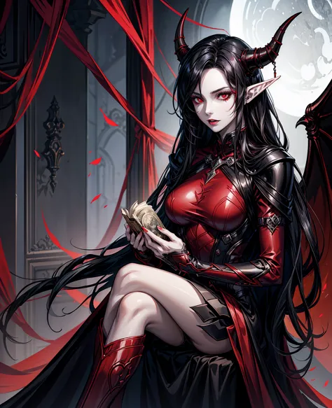 a devilish woman with black hair, pale skin, and red eyes, wearing an elf-like costume, in a dark and mysterious setting,