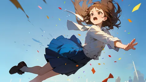 ((highest quality)), ((masterpiece)), ((very detailed)),floatingする女の子,angry expression，floating，floating，confetti，brown hair,tea...