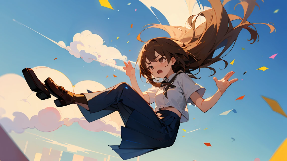 ((Highest quality)), ((masterpiece)), ((Very detailed)),Floatingする女の子,Angry expression，floating，Floating，Confetti，Brown Hair,tears,Levitating,Blue sky background,Feet in the air,tears,gravity,Long skirt,loafers,Raise both hands