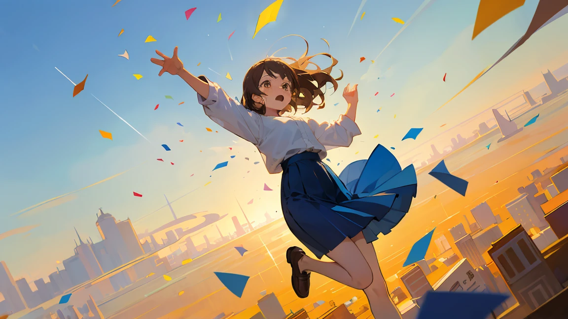 ((Highest quality)), ((masterpiece)), ((Very detailed)),Floatingする女の子,Angry expression，floating，Floating，Confetti，Brown Hair,tears,Levitating,Blue sky background,Feet in the air,tears,gravity,Long skirt,loafers,Raise both hands