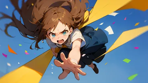 ((highest quality)), ((masterpiece)), ((very detailed)),floatingする女の子,angry expression，floating，floating，confetti，brown hair,tea...