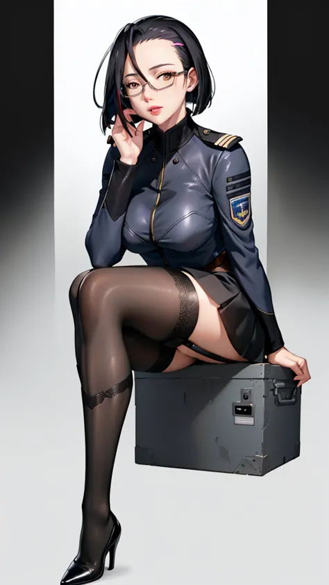 a beautiful woman wearing military uniform, formal attire, rimmed glasses, garter stockings, black high heels, skirt, highly det...