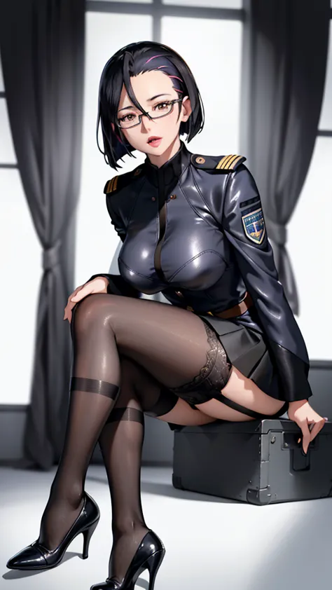 a beautiful woman wearing military uniform, formal attire, rimmed glasses, garter stockings, black high heels, skirt, highly det...