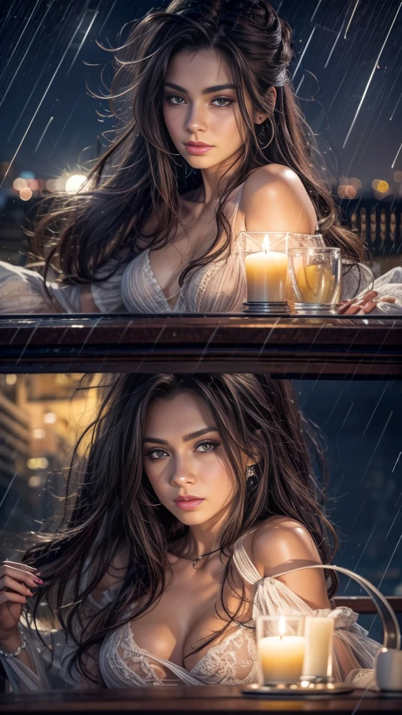 (32k:1.5, Highest quality, masterpiece, Ultra-high resolution), Professional camera work:1.6, Highly detailed skin and face textures:1.3, Captivating portrait:1.3, Very accurate, Very detailed, 1 adult female, ((Amazing night view from the rooftop, The moonlight at night illuminates my body)), (Satin Nightgown:0.5), Incredibly slim body, Fair skin, elegant features, Expressions of sadness, (Big eyes that exude beautiful eroticism:0.8, Sad expression:1.0, I love you with all my heart:0.8, Open your mouth a little, lipstick, Feel the beautiful eroticism:0.8), (Wet dark brown medium length hair), Candles, The chest is medium, Earrings, necklace, bracelet, (dramatic, romantic, mysterious), Tilt, Sensual sitting position, ((Adult charm, Feminine charm, Hair blowing in the wind))
