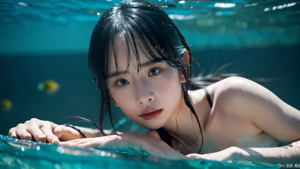 black thong, topless, diving, underwater, beautiful fish school, beautiful corals, beautiful seaweed, holding breath, wet hair, wet body, extremely detailed eyes, extremely detailed face, best quality, extremely detailed, one person, one girl, ultra-detailed, (realistic, photo-realistic:1.3)