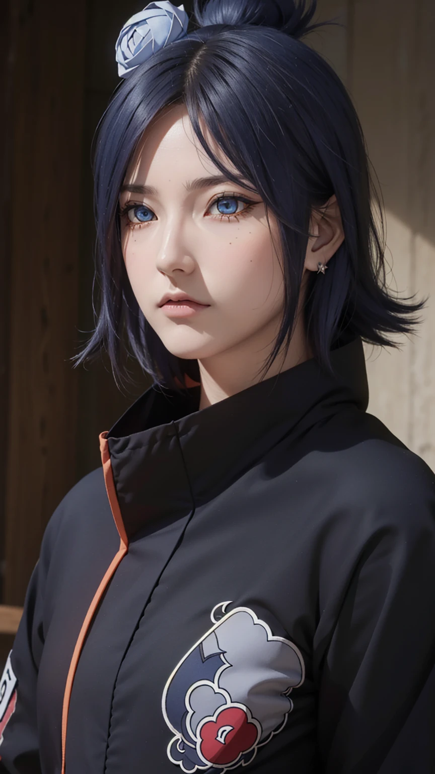 woman, woman, short hair, hair ornament, blue hair, small, panties, bra, sexy body , , one flower, hair цветок, (orange eyes:1.2), (labret piercing:1.2), eyeshadow, (Akatsuki uniform:1.5), Akatsuki \(naruto\),BREAK (masterpiece:1.2), Best quality, A high resolution, unity 8k wallpaper, (illustration:0.8), (beautiful detailed eyes:1.6), very detailed face, perfect lighting, extremely detailed computer graphics, (perfect hands, Ideal Anatomy),