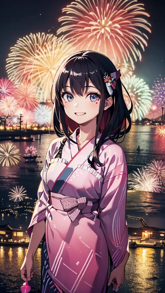 (masterpiece, Highest quality, Super detailed),One girl,((super fine illustration)),((cute eyes,highly detailed skin)),((smile)),(well endowed,Blessed,Captivating body、Detailed Background)、(yukata:1.5),firework,(大量のfirework,Night view,Ocean)、Festivals