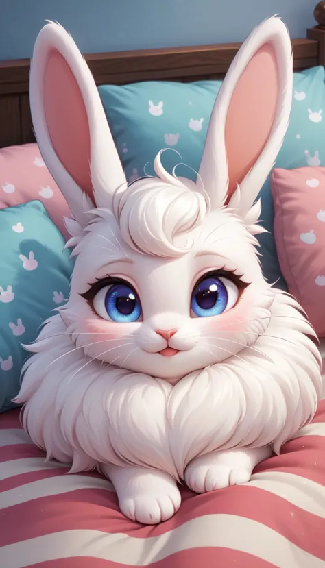 A cute little bunny with white whiskers and bright eyes,Little bunny resting in a cozy den, surrounded by fluffy pillows and bla...