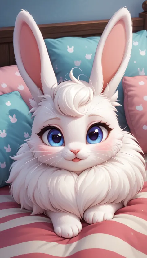 a cute little bunny with white whiskers and bright eyes,little bunny resting in a cozy den, surrounded by fluffy pillows and bla...