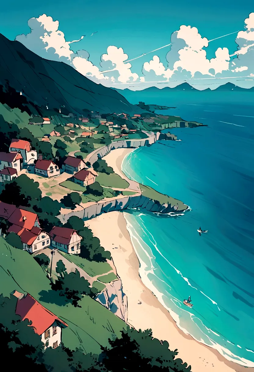 Small Town，Idyllic，Slope overlooking the sea