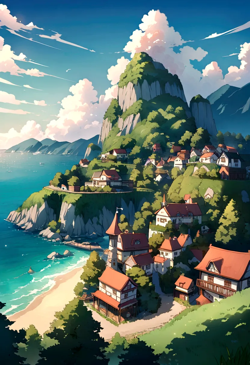 Small Town，Idyllic，Slope overlooking the sea