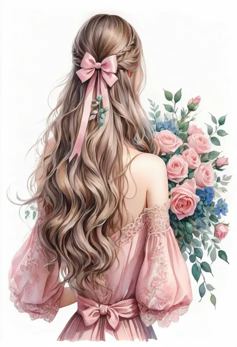 anime girl, watercolor painting. a detailed watercolor illustration that captures the back of a woman, her long straight black b...