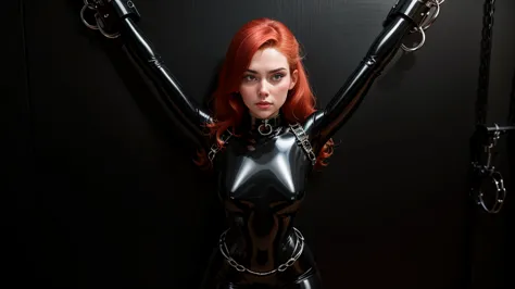 beautiful face,random pose,chained to wall,tied to bondage Xcross,black latex body, long sleeves,o-ring choker,((Armbinder))late...