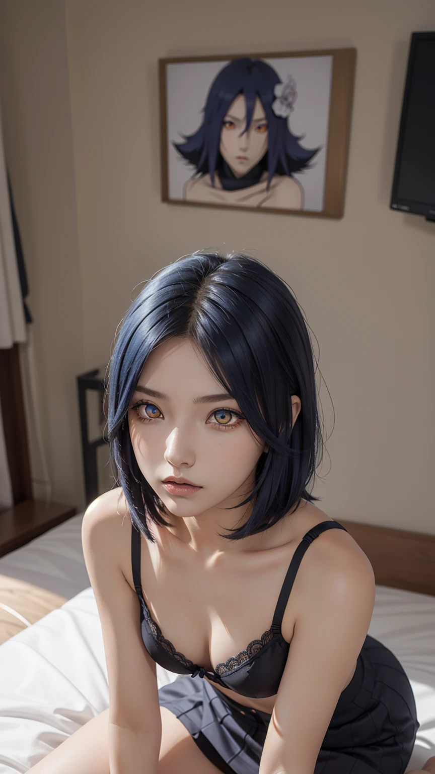 woman, woman, short hair, hair ornament, blue hair, legs , sitting on the bed , small, panties, bra, Sexual тело , underwear, Sexual , bra, panties, one flower, hair цветок, (orange eyes:1.2), (labret piercing:1.2), eyeshadow, (Akatsuki uniform:1.5), Akatsuki \(naruto\),BREAK (masterpiece:1.2), Best quality, A high resolution, unity 8k wallpaper, (illustration:0.8), (beautiful detailed eyes:1.6), very detailed face, perfect lighting, extremely detailed computer graphics, (perfect hands, Ideal Anatomy),