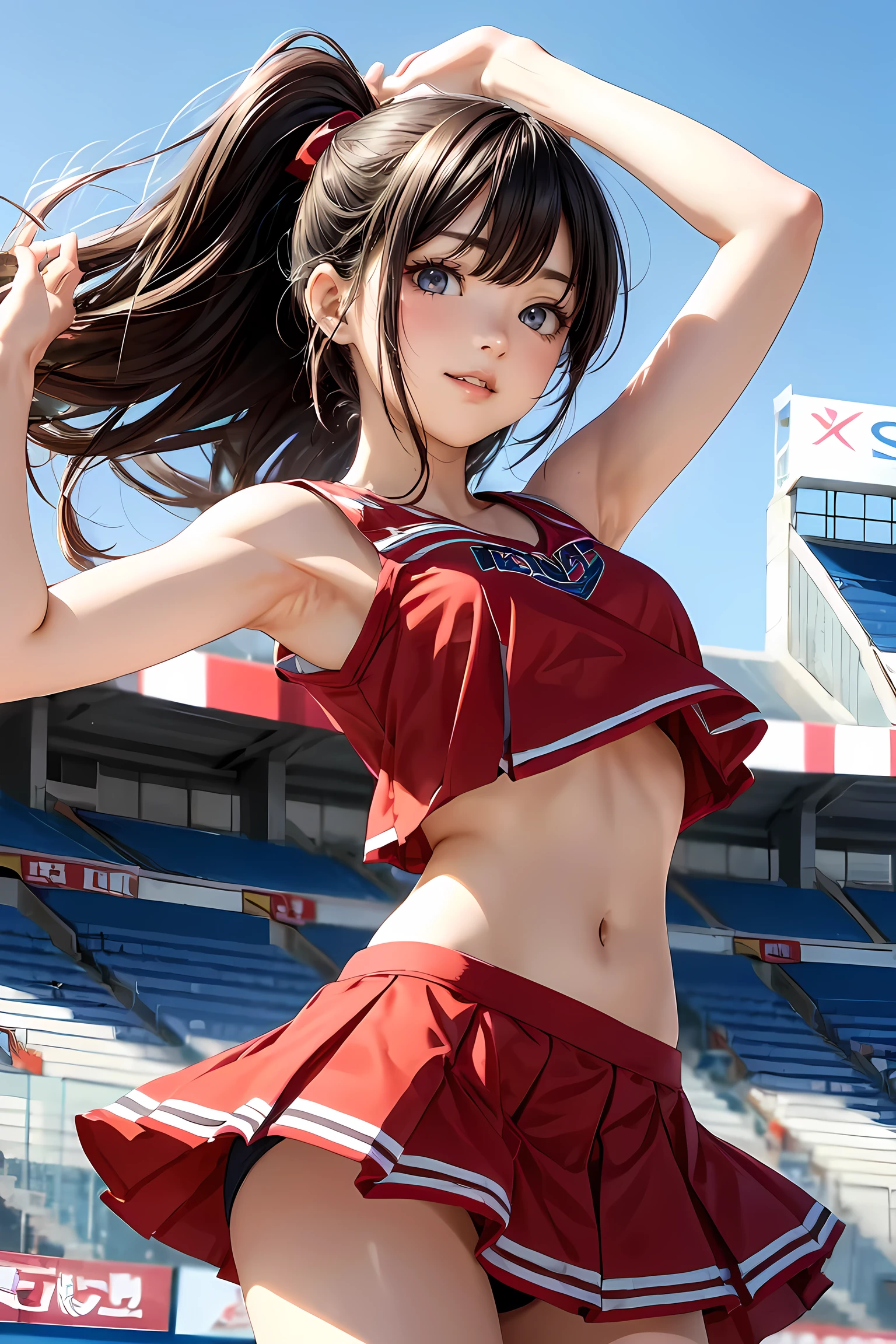 (ultra detailed eyes), (ultra detailed face),high quality, best image quality, masterpiece, teenage girl, 18 years old, very cute and beautiful cheerleader girl is dancing, dynamic pose, soft wavy hair, black hair, (smile:1.2), medium breast, (red tops with logo:1.3), (miniskirt:1.3), (panties), Armpits, Navel, thighs, Bare shoulders, Bare arms, Natural lighting, Hair fluttering in the wind, Beautiful detailed sky, stadium, ((Finest quality)), ultra high resolution, ultra-detailliert, Meticulous portrayal, ((Best Anime)),