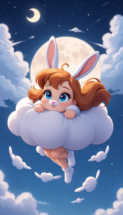 A cute little bunny with white whiskers and bright eyes,Bunny dreaming of adventures, floating between clouds with a bright moon...