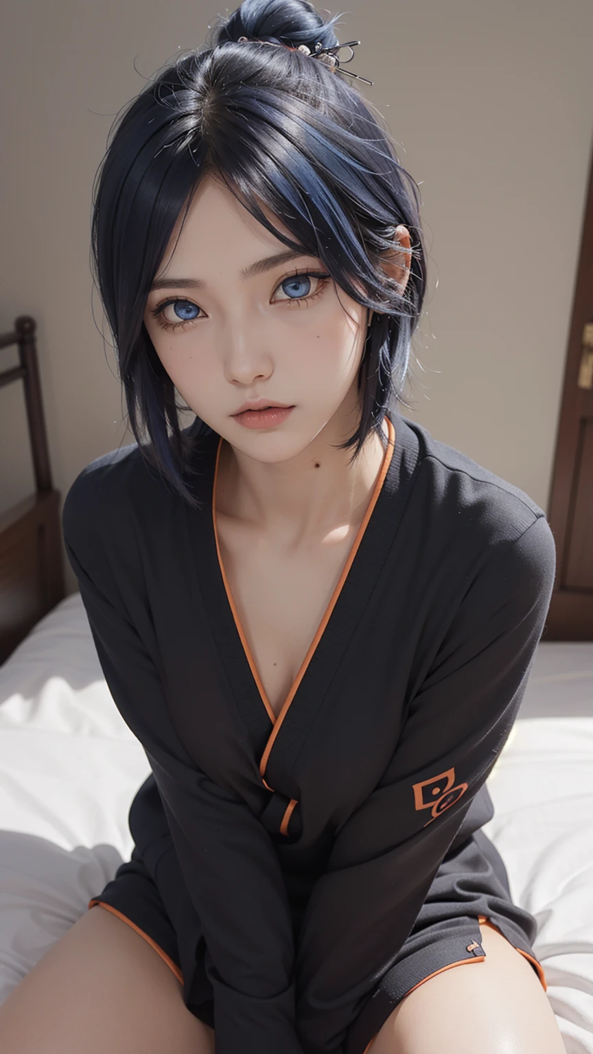 woman, woman, short hair, hair ornament, blue hair, legs , sitting on the bed , small, panties, bra, Sexual тело , underwear, Sexual , bra, panties, one flower, hair цветок, (orange eyes:1.2), (labret piercing:1.2), eyeshadow, (Akatsuki uniform:1.5), Akatsuki \(naruto\),BREAK (masterpiece:1.2), Best quality, A high resolution, unity 8k wallpaper, (illustration:0.8), (beautiful detailed eyes:1.6), very detailed face, perfect lighting, extremely detailed computer graphics, (perfect hands, Ideal Anatomy),