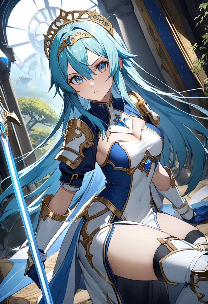 Highest quality、unity 8k wallpaper、32k、masterpiece、Very detailed、Ultra-high resolution、Very detailedな顔, RAW Photos, Professional, Ultra-fine painting、sinon、Midnight blue long straight hair、Platinum tiara with blue gemstones、Blue Nun Cape、Red Eyes、(Tree Eyes), Cool and sharp features, hime cut, 20～A female magical warrior, about 24 years old.、White and gold breastplate、Blue and white leotard、(((Blue and white gold-embellished long pencil skirt with side armor and long slits)))、Half puff sleeves with shoulder pads、A large white ribbon with a large sapphire on the chest、White and blue long gloves、(((White and blue thigh-high stiletto boots:1.0)))、whole body、He has a spear with a glowing blue blade,