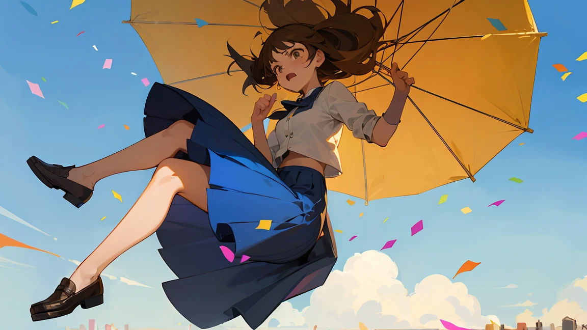 ((Highest quality)), ((masterpiece)), ((Very detailed)),Floatingする女の子,Angry expression，floating，Floating，Confetti，Brown Hair,tears,Levitating,Blue sky background,Feet in the air,tears,gravity,Long skirt,loafers,Raise both hands